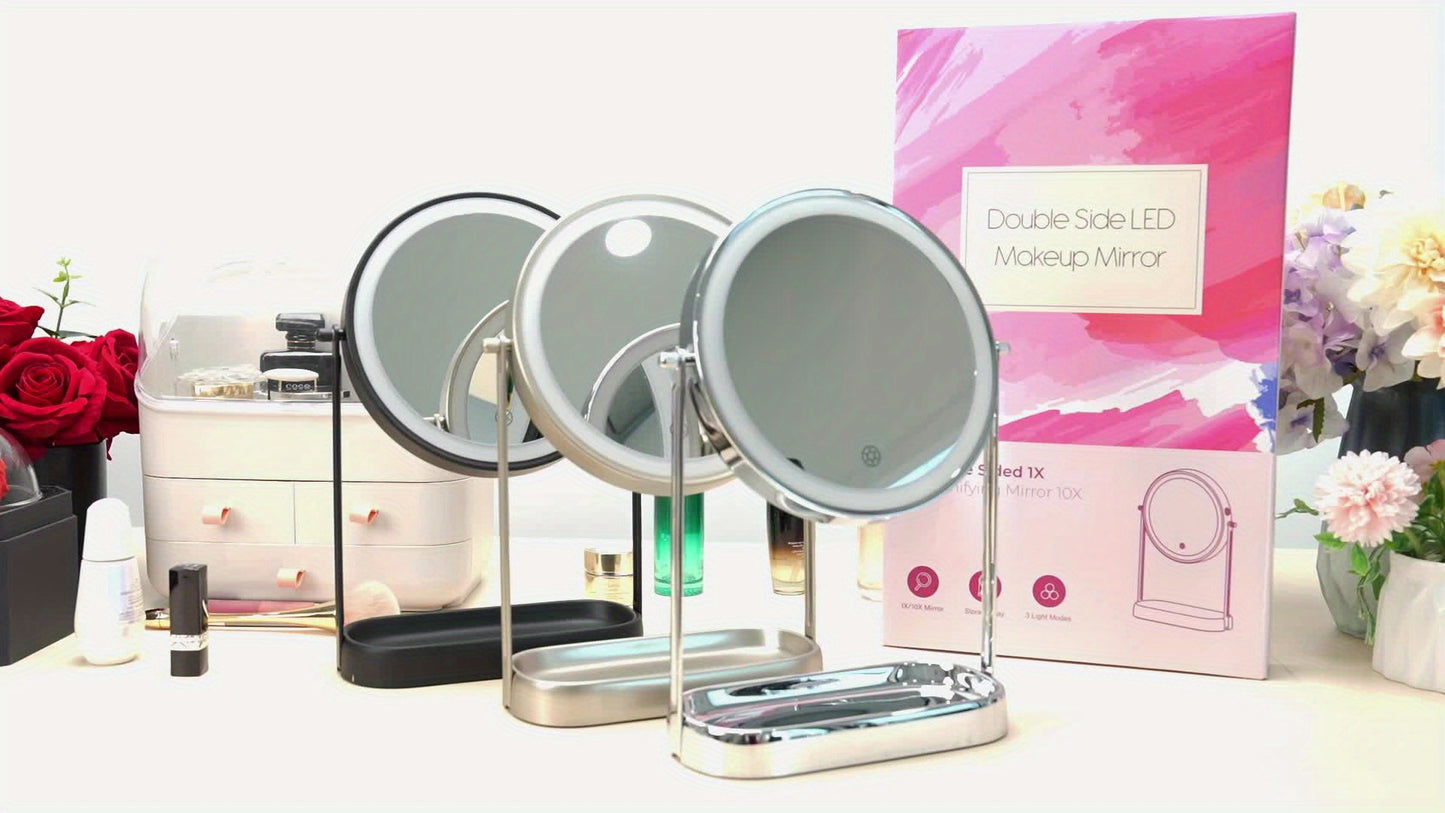 Lighted Rechargeable Makeup Mirror with Adjustable Brightness and Storage
