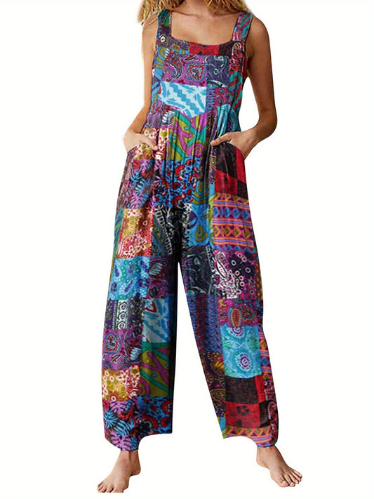 Boho Floral Print Women's Summer Jumpsuit with Pockets