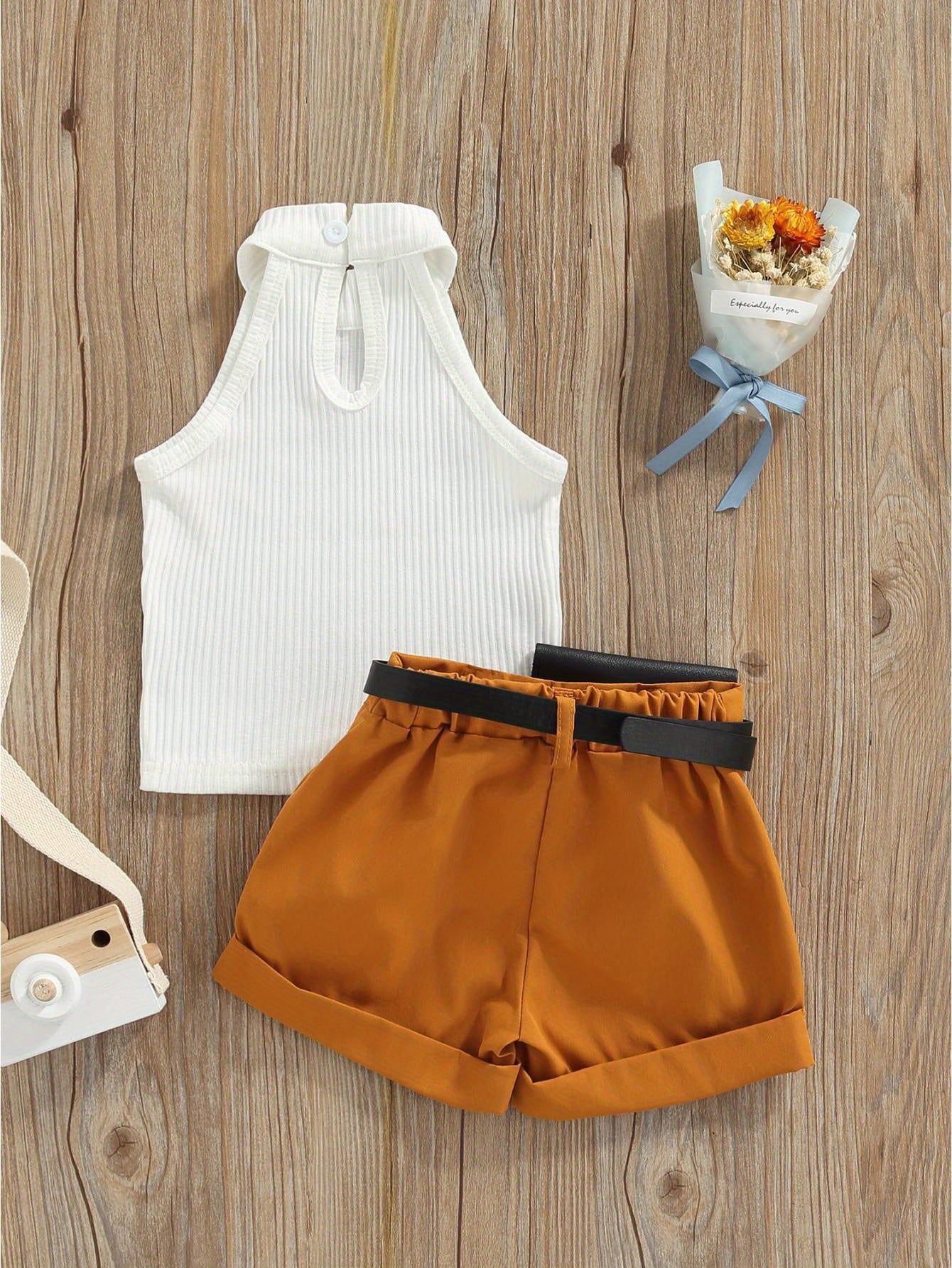 3 Piece Summer Outfit Set for Toddler Girls Aged 6 Months to 4 Years Sleeveless Halter Tops Shorts and Waist Bag Cute Casual Spring and Summer Clothes Perfect for Outdoor Activities