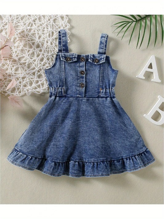 Toddler Girls Summer Denim Dress Fashion Sleeveless Button Ruffle Tank Dress