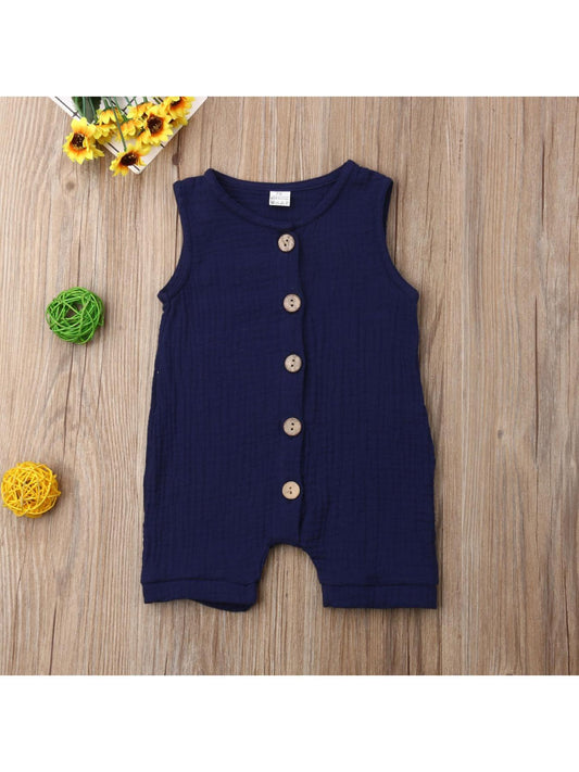 Newborn Baby Boy Sleeveless Solid Color Jumpsuit Crew Neck Button Romper Playsuit Summer Outdoor Clothes