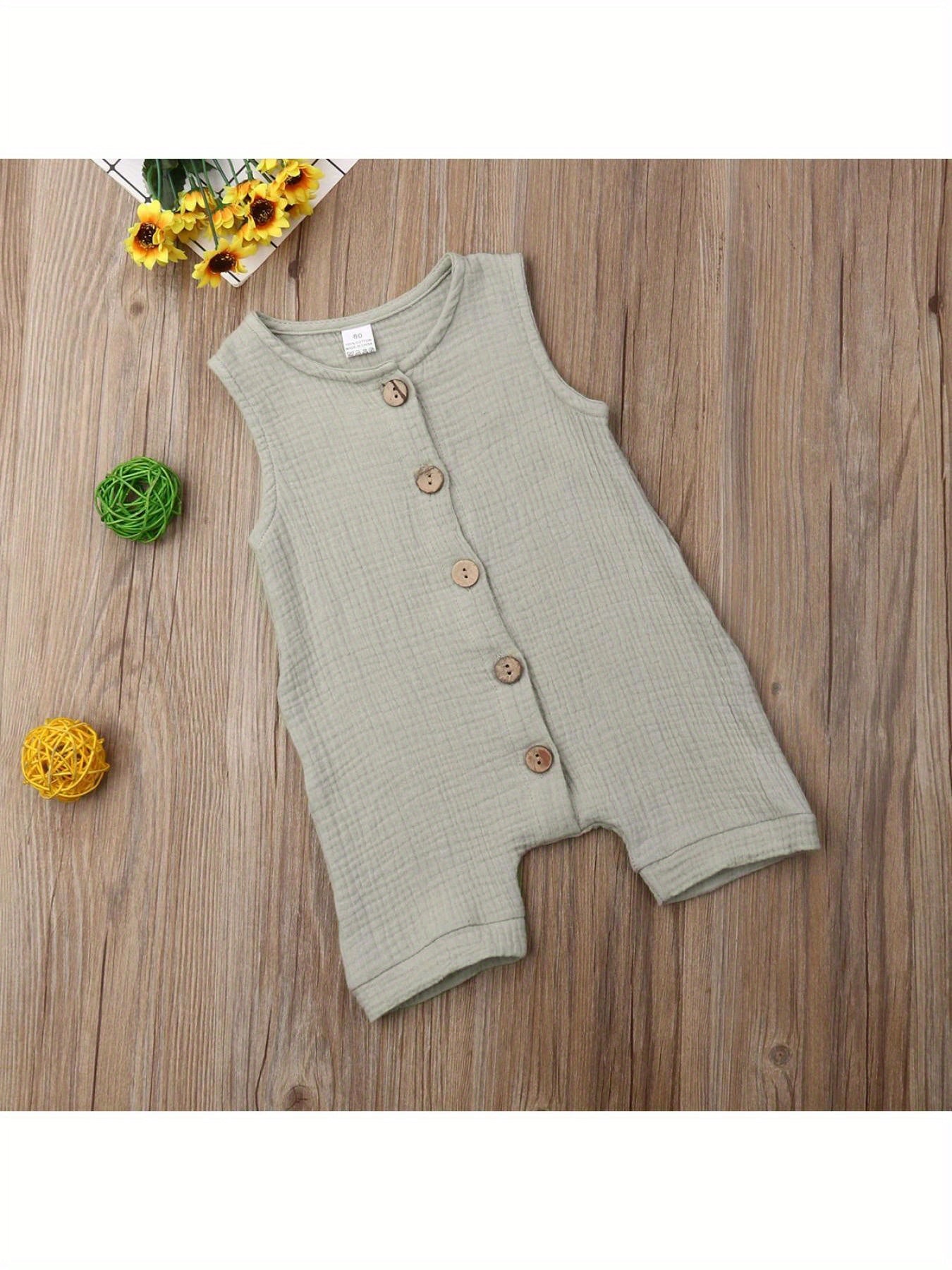 Newborn Baby Boy Sleeveless Solid Color Jumpsuit Crew Neck Button Romper Playsuit Summer Outdoor Clothes