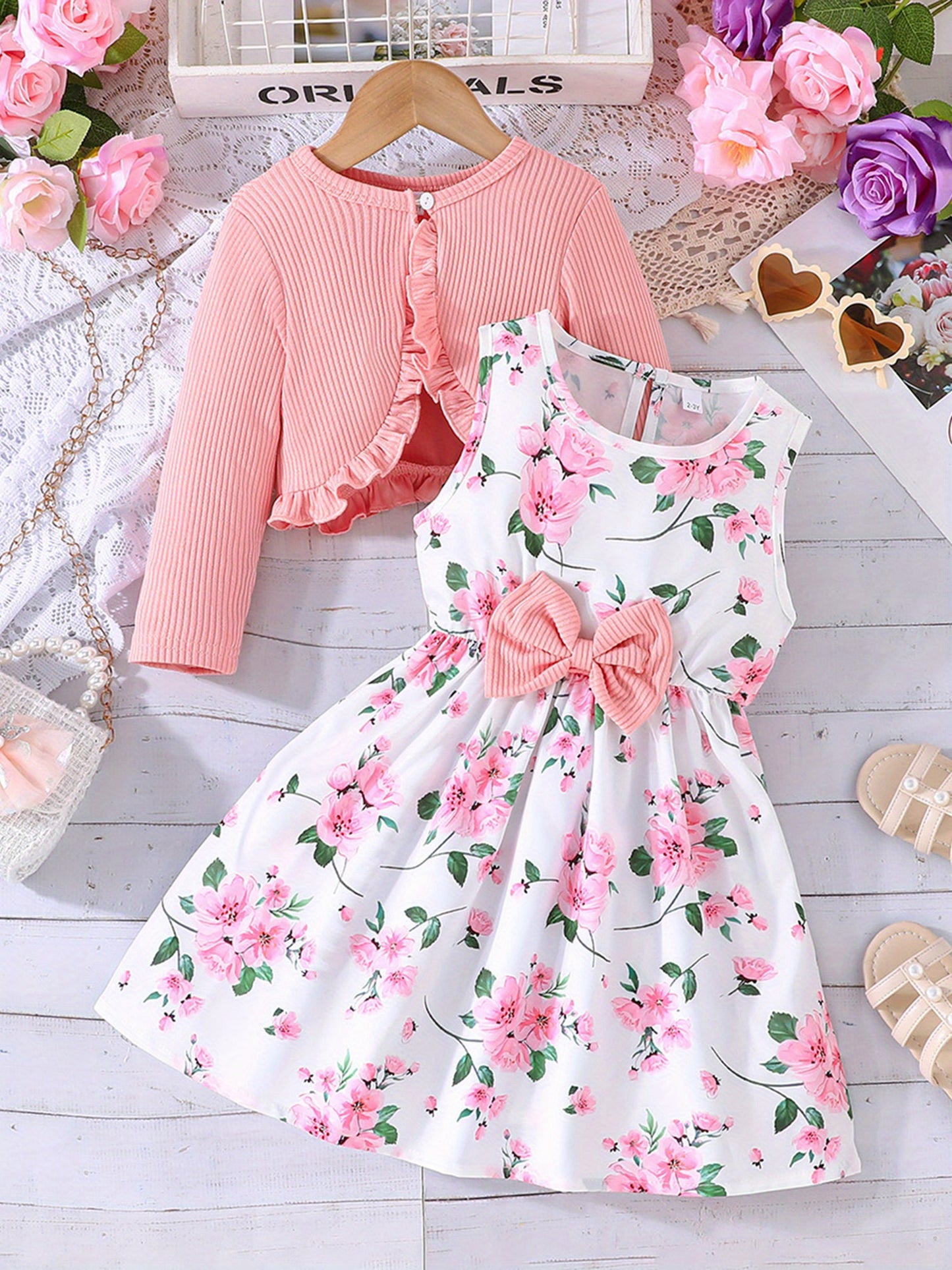 Girl Dress Set Floral Print Round Neck Bow A Line Tank Dress With Ruffled Ribbed Cardigan