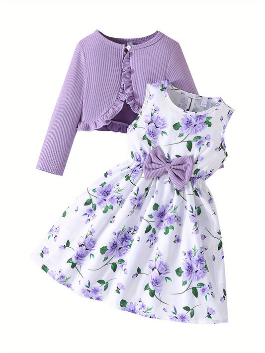 Girl Dress Set Floral Print Round Neck Bow A Line Tank Dress With Ruffled Ribbed Cardigan