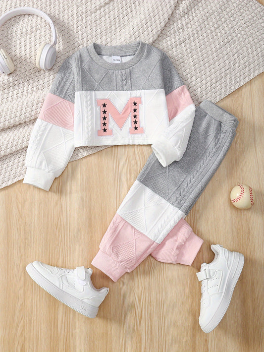Toddler Girl Stylish Letter M Embroidered Outfit Set