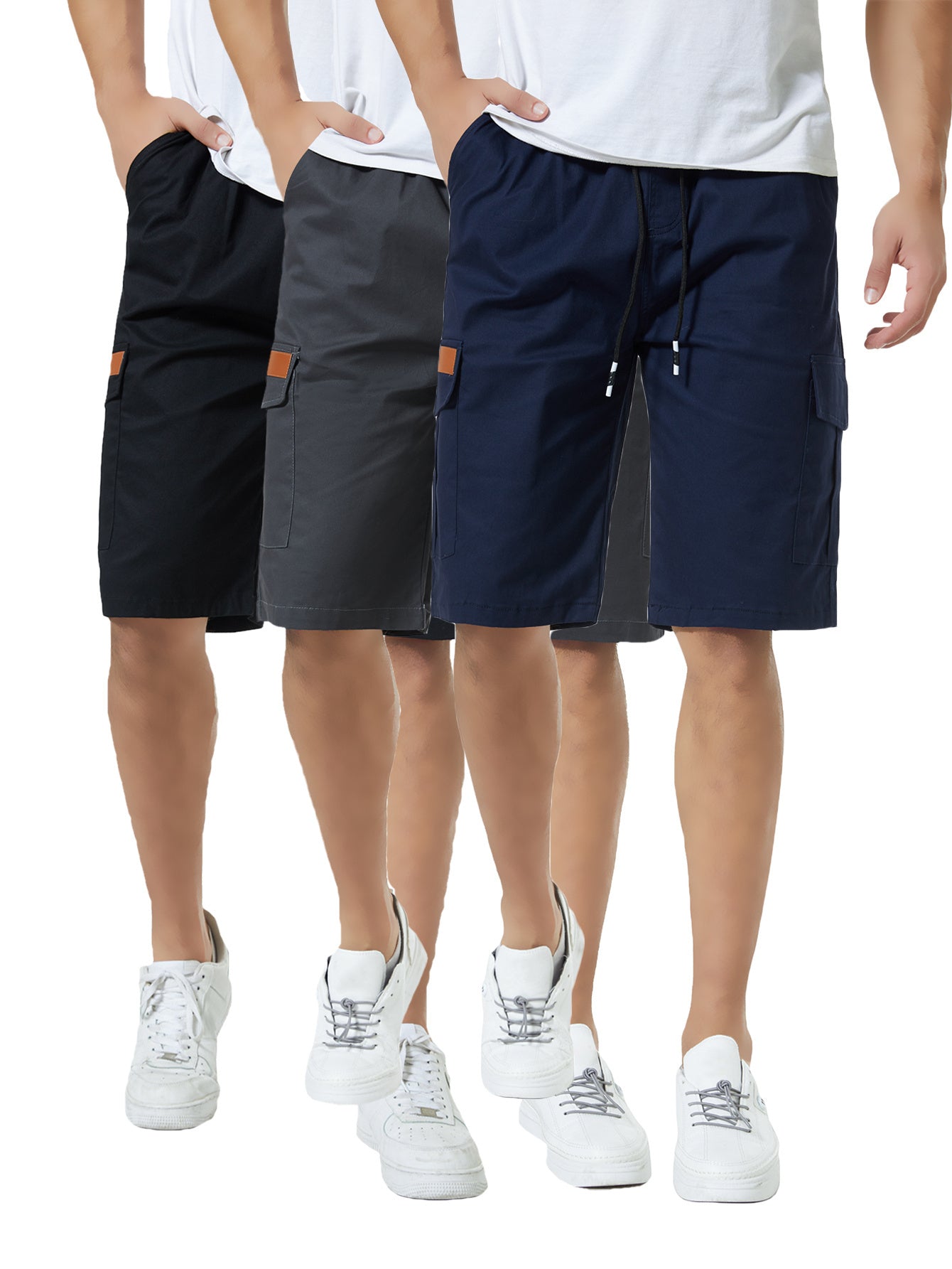 3 Pieces Boys Casual Cargo Shorts Multi Pocket Design Elastic Waist Durable Polyester Blend Ideal for Outdoor Activities Black Grey Navy Blue