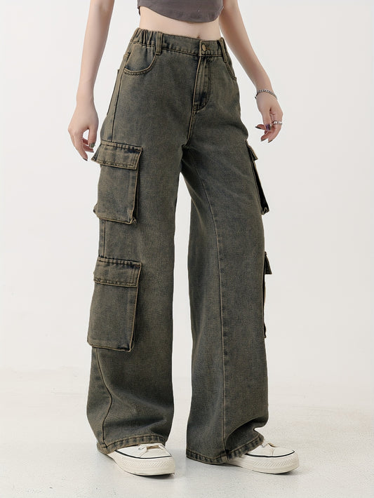 Y2K Oversized Cargo Jeans for Girls with Functional Flap Pockets