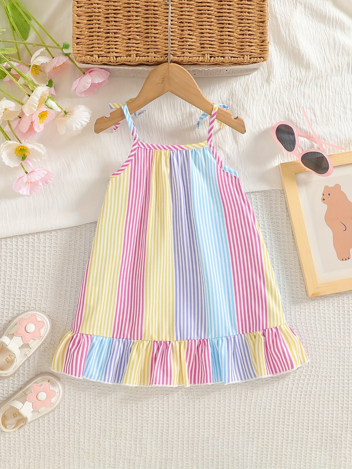 Adorable Rainbow Striped Sleeveless Dress for Girls with Ruffled Hem and Colorful Tie Shoulder Straps Perfect for Spring Summer Toddler Wear