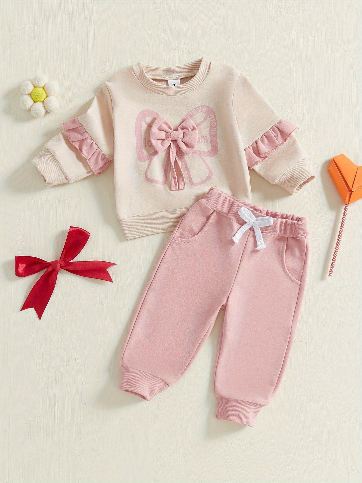 Girls Bow Sweatshirt and Sweatpants 2 Piece Outfit Set