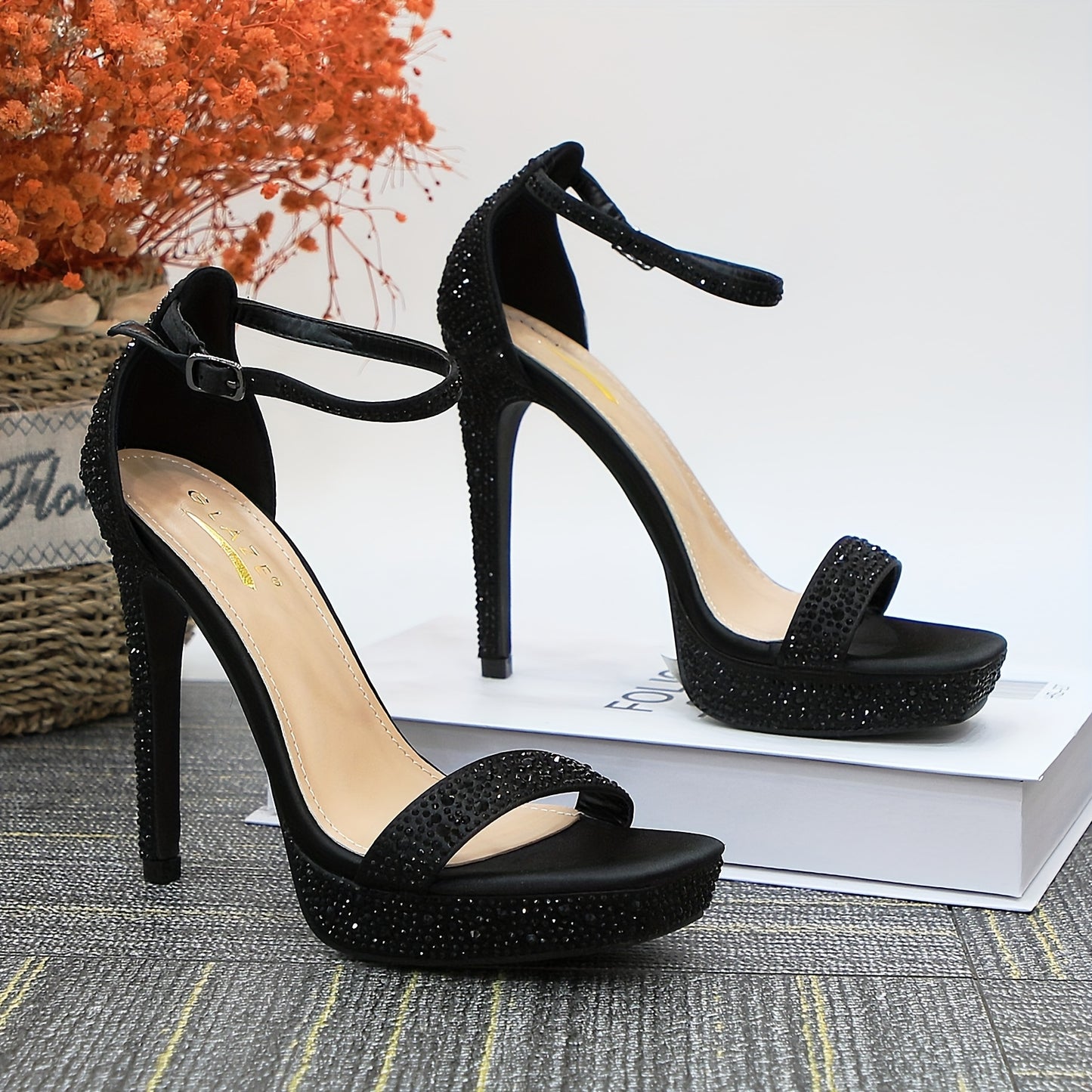 Women's 4.72 Inch Platform High Heeled Sandals Strappy Stiletto Open Square Toe Heels with Ankle Strap for Wedding Party Prom Work Dating Rhinestone Hot Drilling