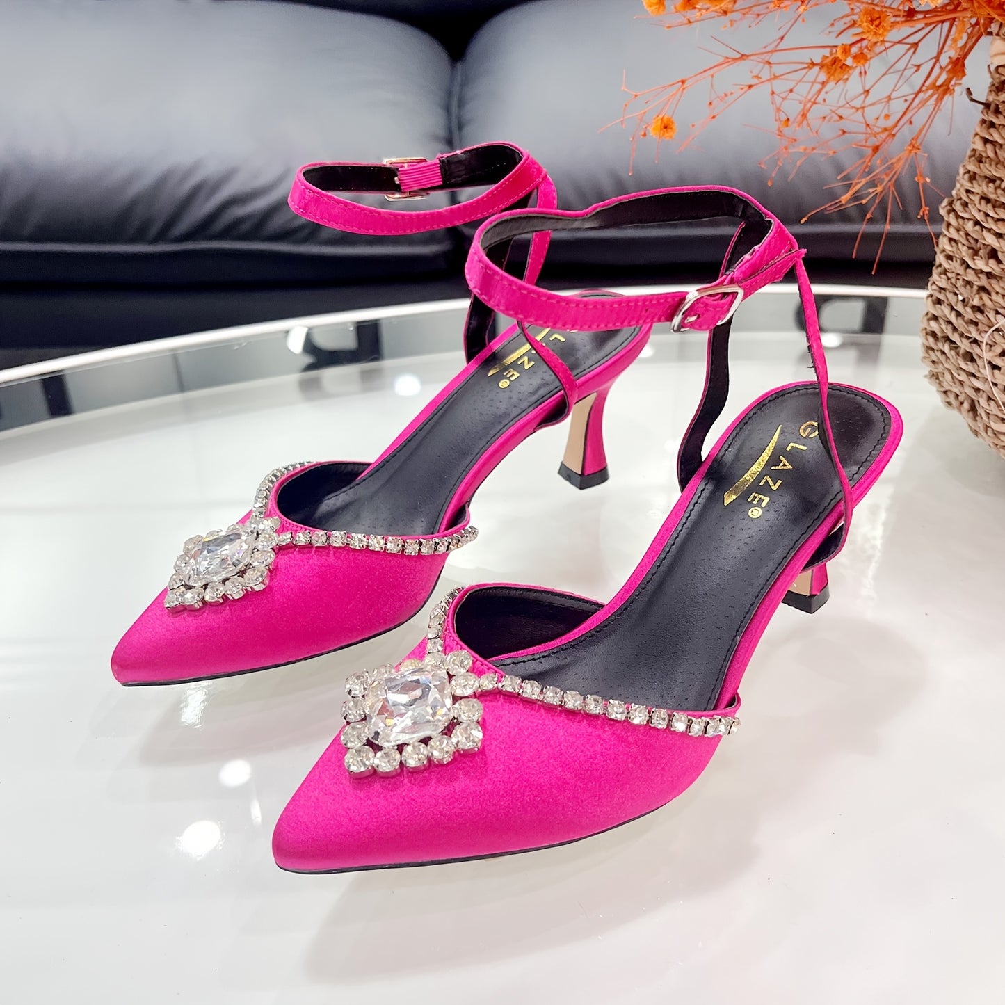 Women's Elegant Pink Satin High Heels with Rhinestone Embellishments Ankle Strap and Pointed Toe Perfect for Weddings Parties and Formal Events