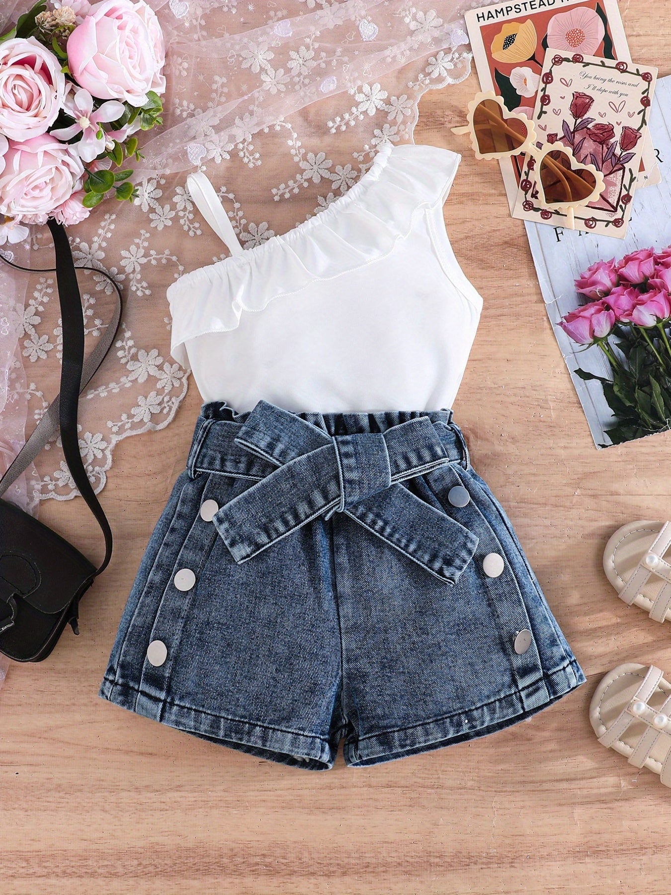 Summer Outfit for Girls Aged 3 to 7 Two-Piece Set with Asymmetrical Off-Shoulder Ruffle Top and Distressed Denim Shorts with Bow Details