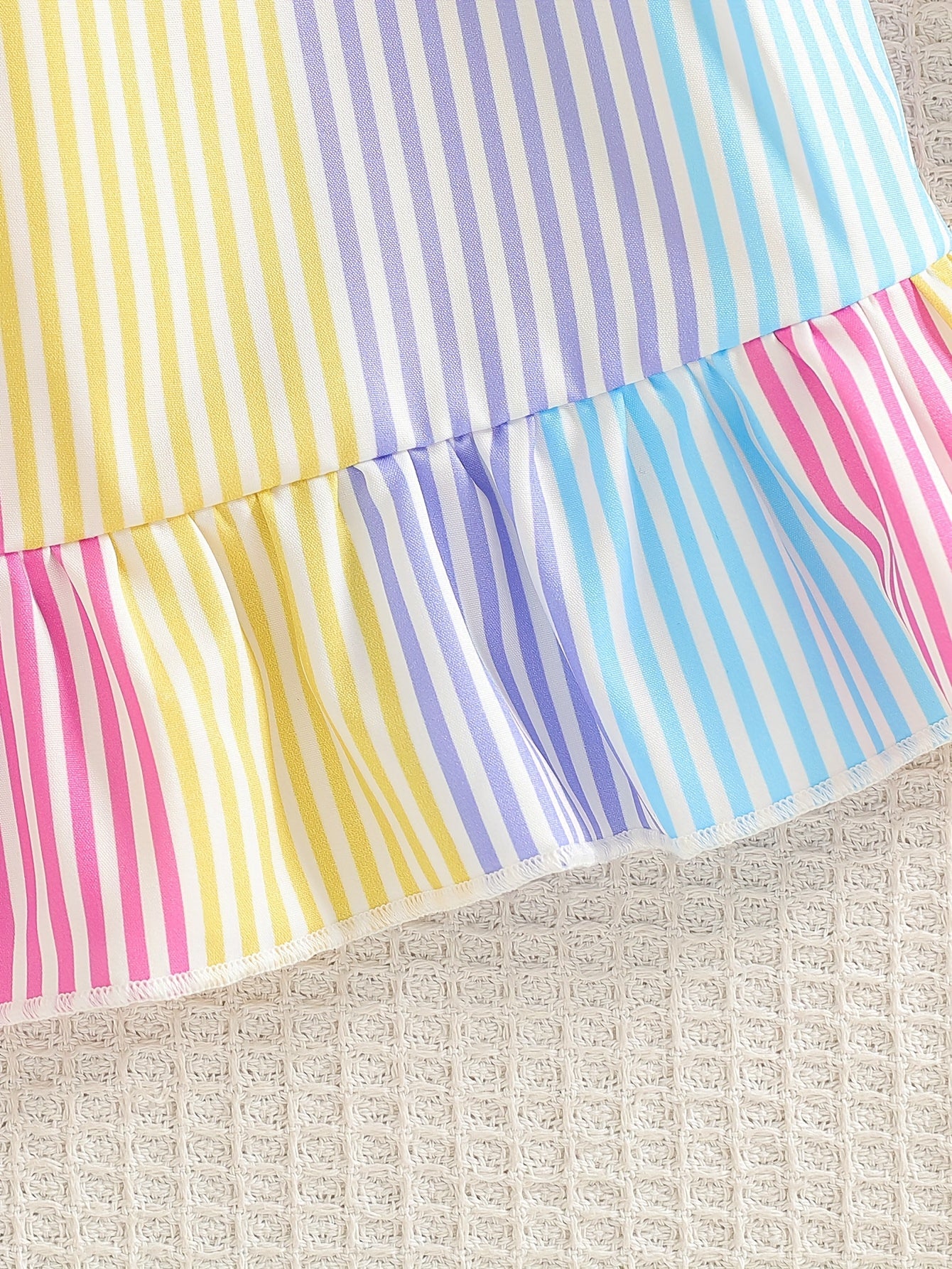 Adorable Rainbow Striped Sleeveless Dress for Girls with Ruffled Hem and Colorful Tie Shoulder Straps Perfect for Spring Summer Toddler Wear