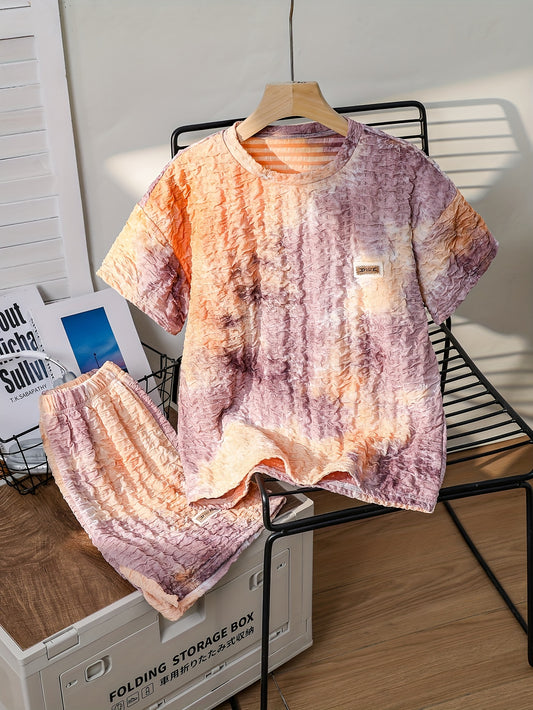 1 Set of 2pcs Polyester Tie Dye Boys Short Sleeve T Shirt and Shorts Suit for Summer Daily Use and Outdoor Activities