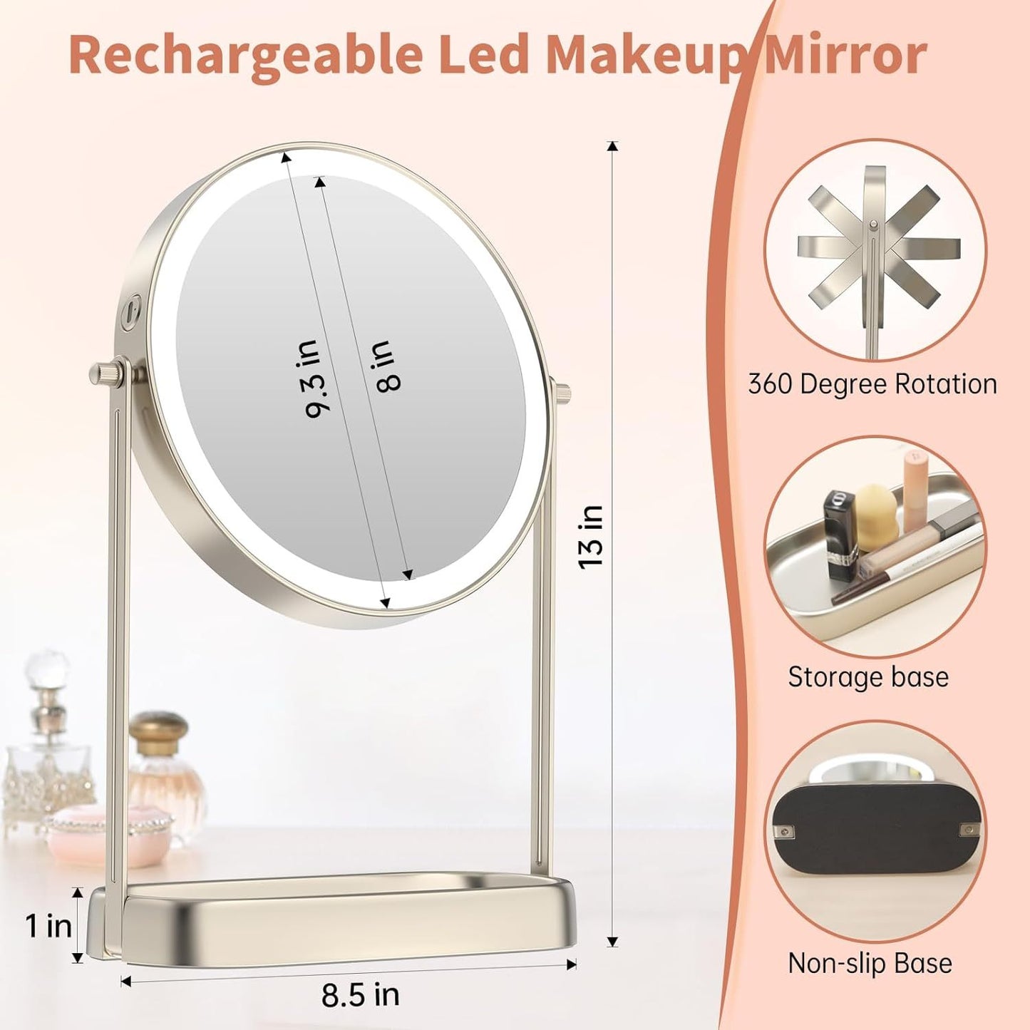 Lighted Rechargeable Makeup Mirror with Adjustable Brightness and Storage