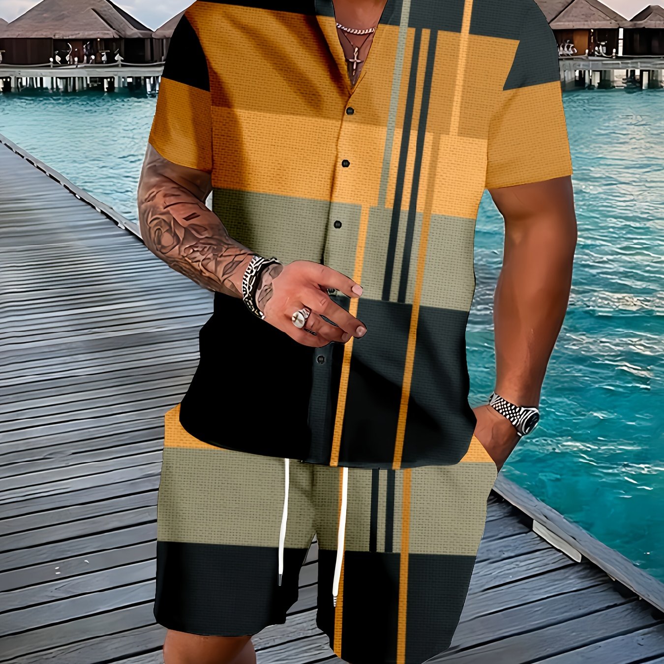 Men's Graphic Plaid Shirt Set for Casual Outdoor Style