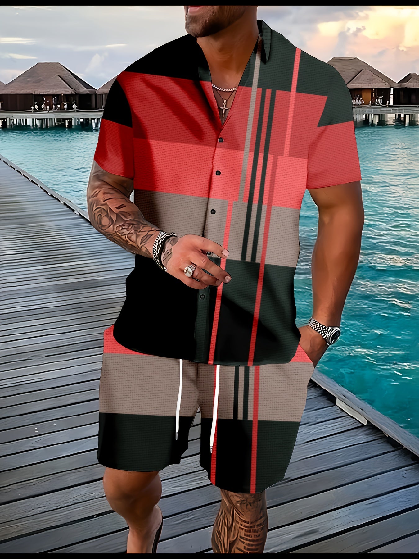Men's Graphic Plaid Shirt Set for Casual Outdoor Style