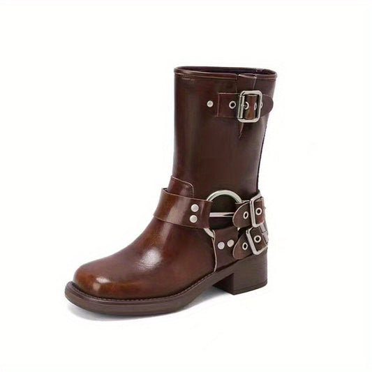 Women's Knee-High Cowboy Boots with Cushioned Insole and Buckles