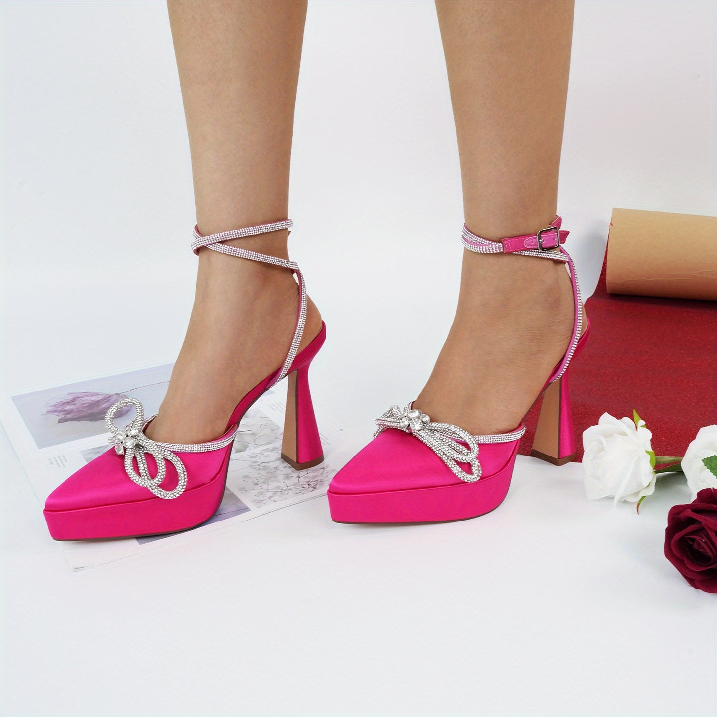 Women's Platform Heels Ankle Strap Pumps High Heeled Pointed Toe Stiletto Sandals with Rhinestones and Bow Knot for Party and Prom