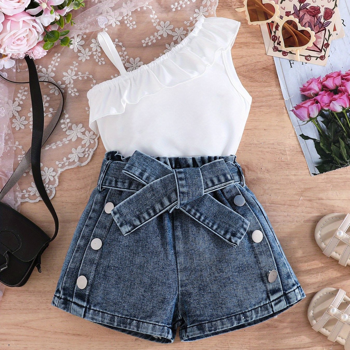 Summer Outfit for Girls Aged 3 to 7 Two-Piece Set with Asymmetrical Off-Shoulder Ruffle Top and Distressed Denim Shorts with Bow Details