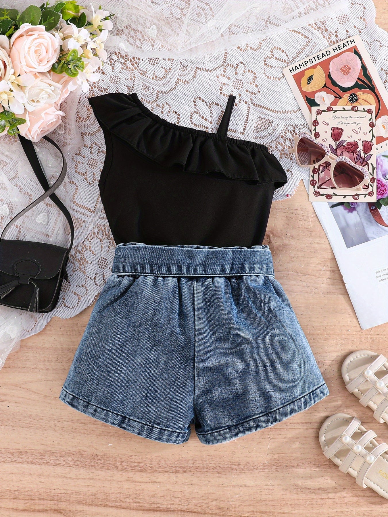 Summer Outfit for Girls Aged 3 to 7 Two-Piece Set with Asymmetrical Off-Shoulder Ruffle Top and Distressed Denim Shorts with Bow Details