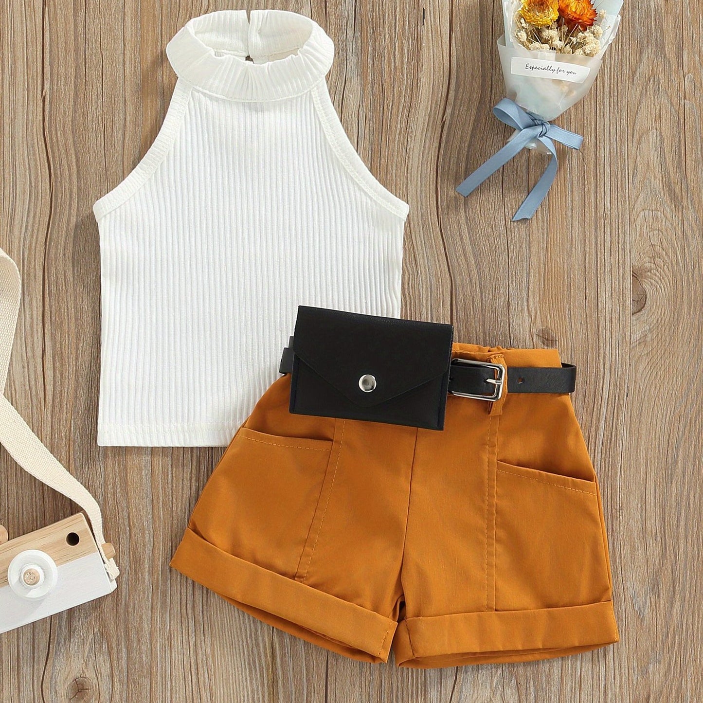 3 Piece Summer Outfit Set for Toddler Girls Aged 6 Months to 4 Years Sleeveless Halter Tops Shorts and Waist Bag Cute Casual Spring and Summer Clothes Perfect for Outdoor Activities