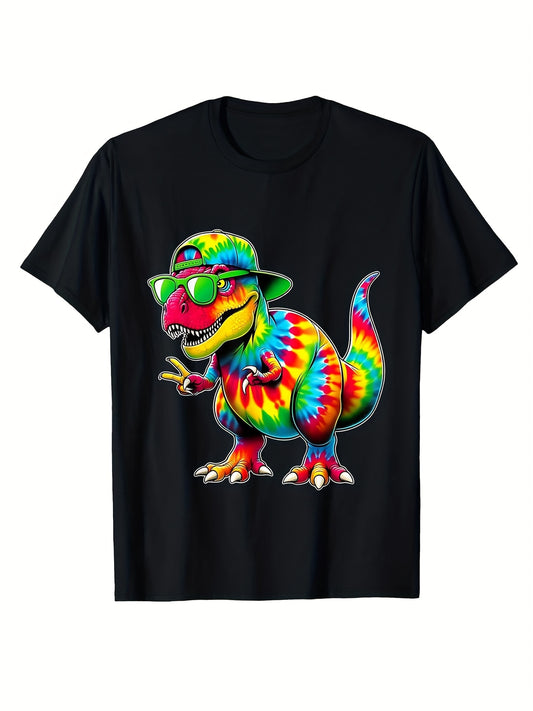 Tie-Dye Dinosaur Peace Sign Hippie T-Shirt 100 Percent Cotton Casual Short Sleeve Round Neck Tee for Boys Full Body Print