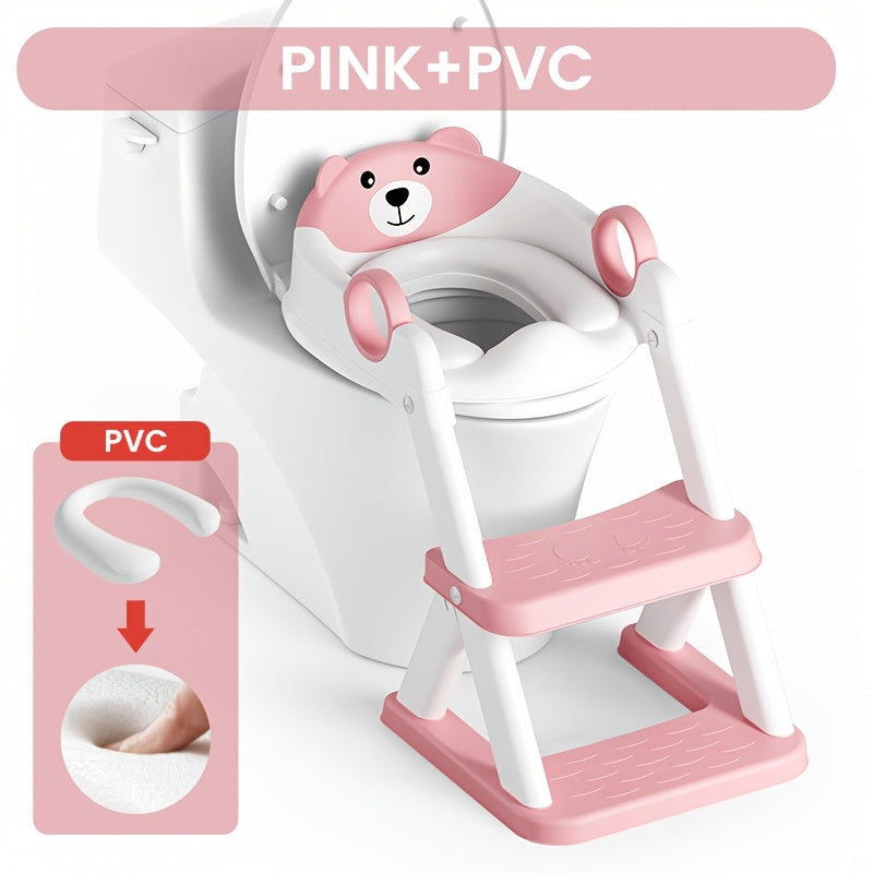 Cute Bear 2 In 1 Adjustable Height Potty Training Toilet With Splash Guard And Non Slip Pad Step Stool Foldable For Easy Storage Ideal Baby Essential Gift