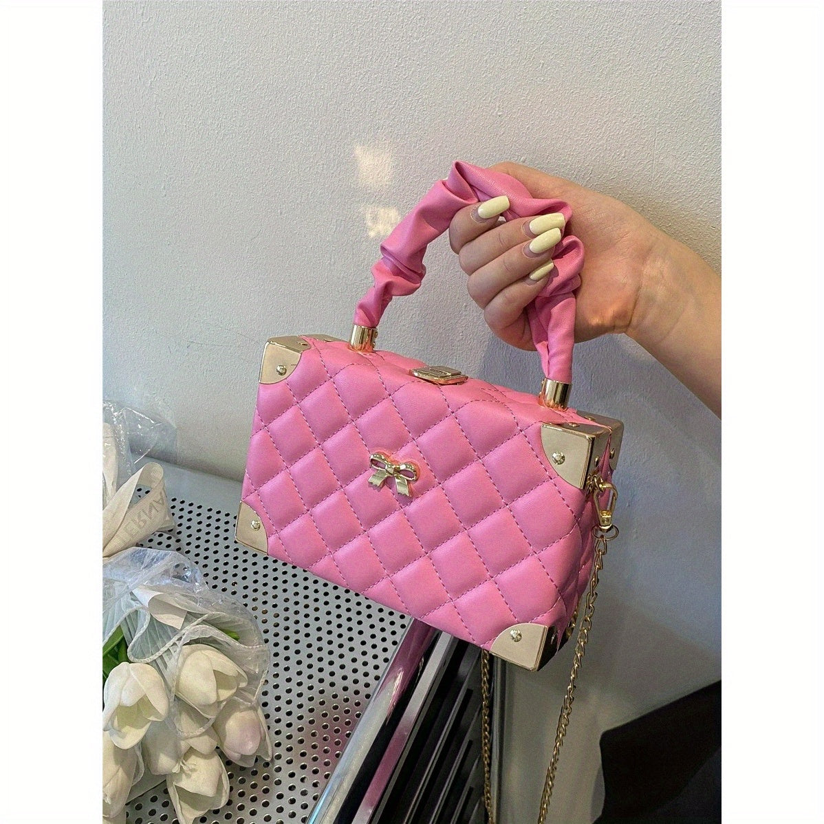 Quilted Cloud-Shaped Mini Box Bag with Bow Detail