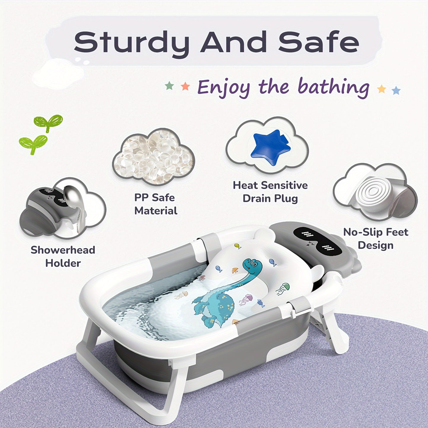 Collapsible Baby Bath Tub with Soft Cushion and Heat Sensitive Drain