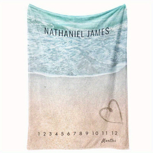 Custom Personalized Tropical Sandy Beach Heart Monthly Milestone Baby Blanket 258