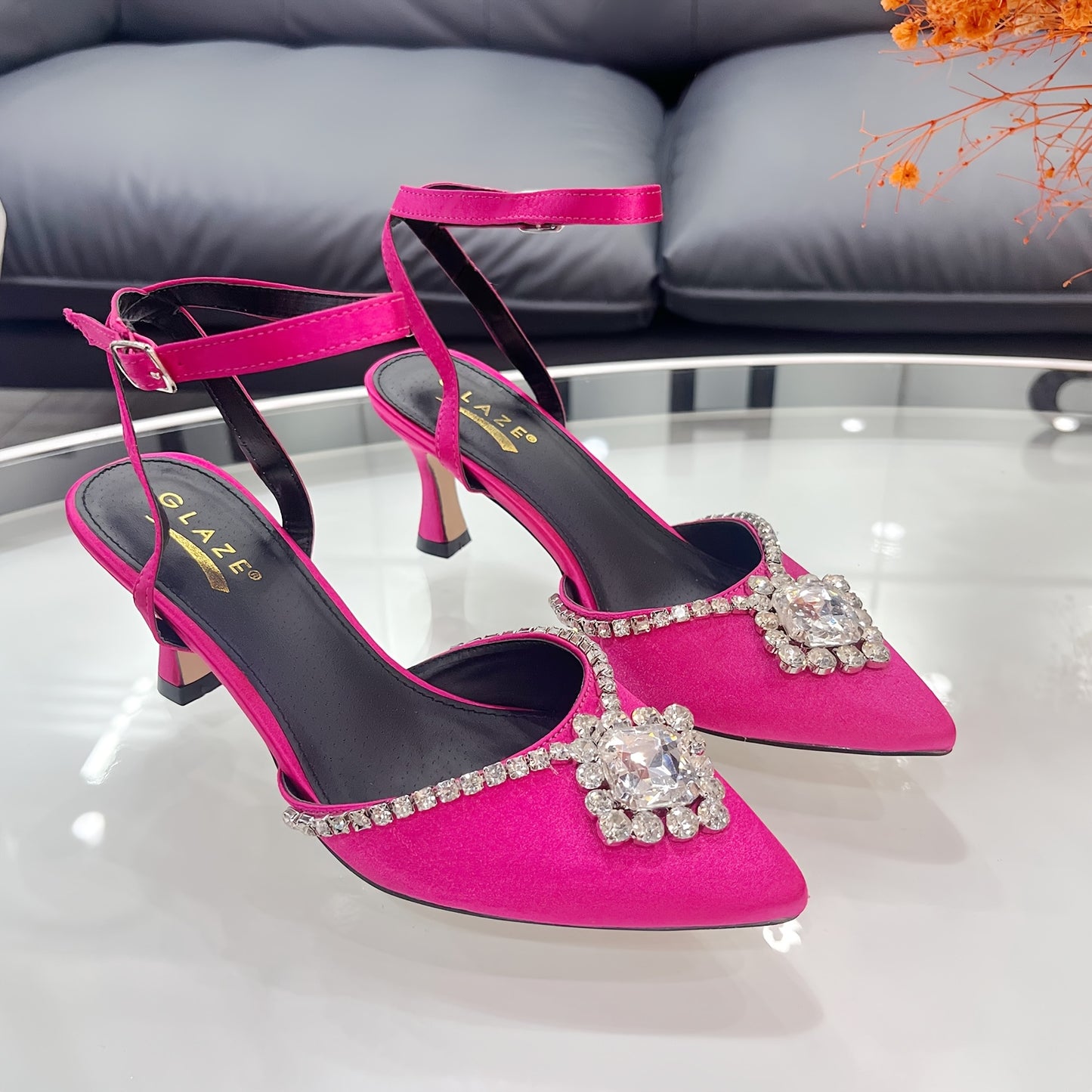 Women's Elegant Pink Satin High Heels with Rhinestone Embellishments Ankle Strap and Pointed Toe Perfect for Weddings Parties and Formal Events