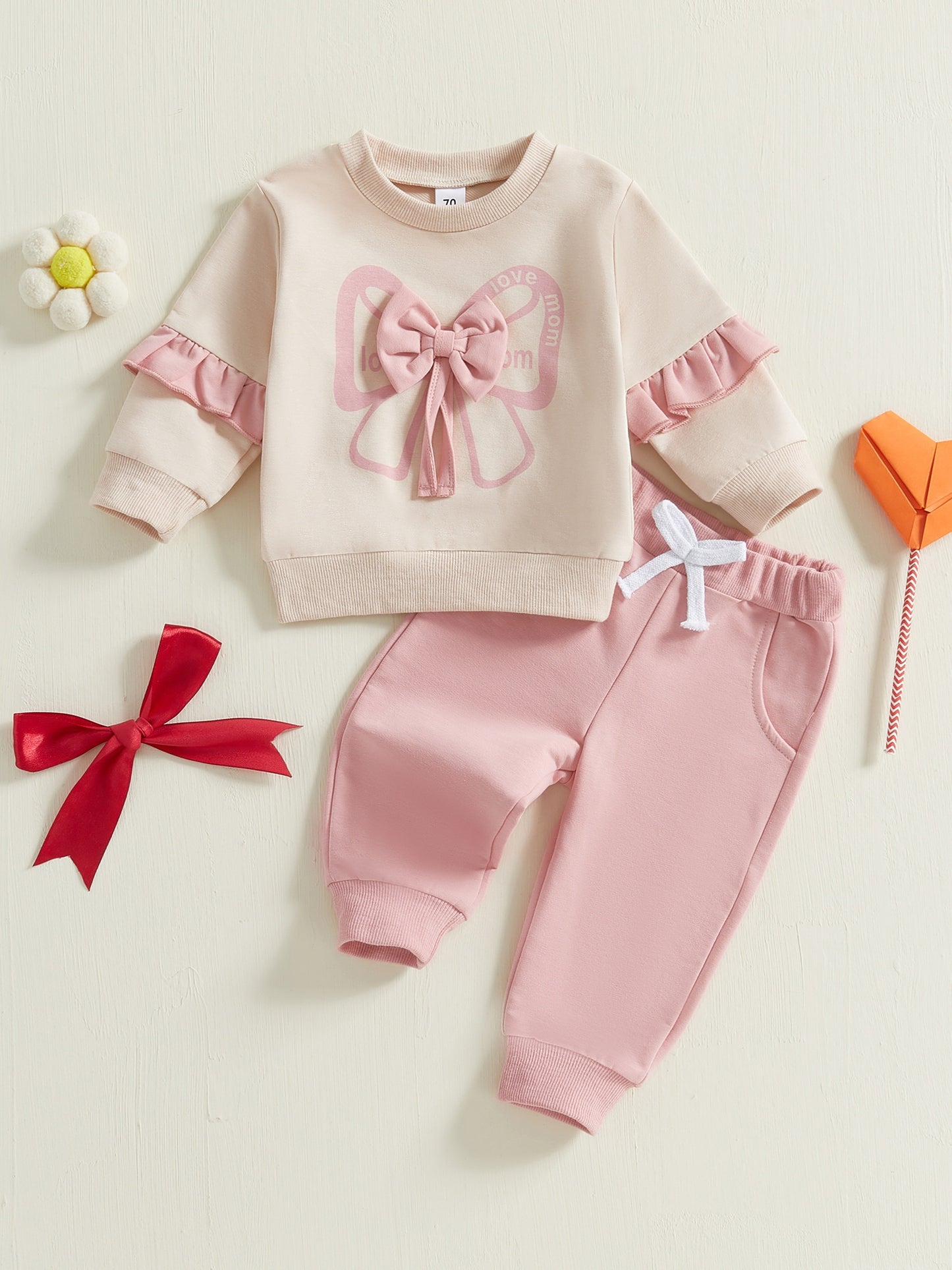 Girls Bow Sweatshirt and Sweatpants 2 Piece Outfit Set
