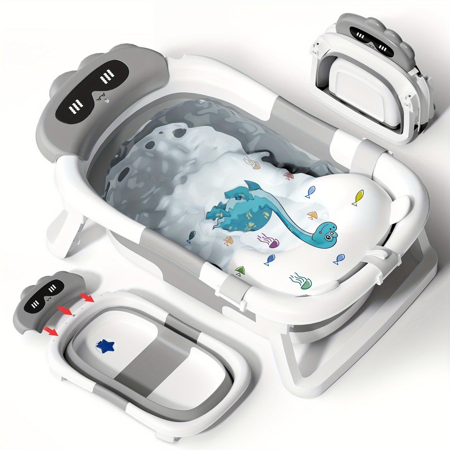 Collapsible Baby Bath Tub with Soft Cushion and Heat Sensitive Drain