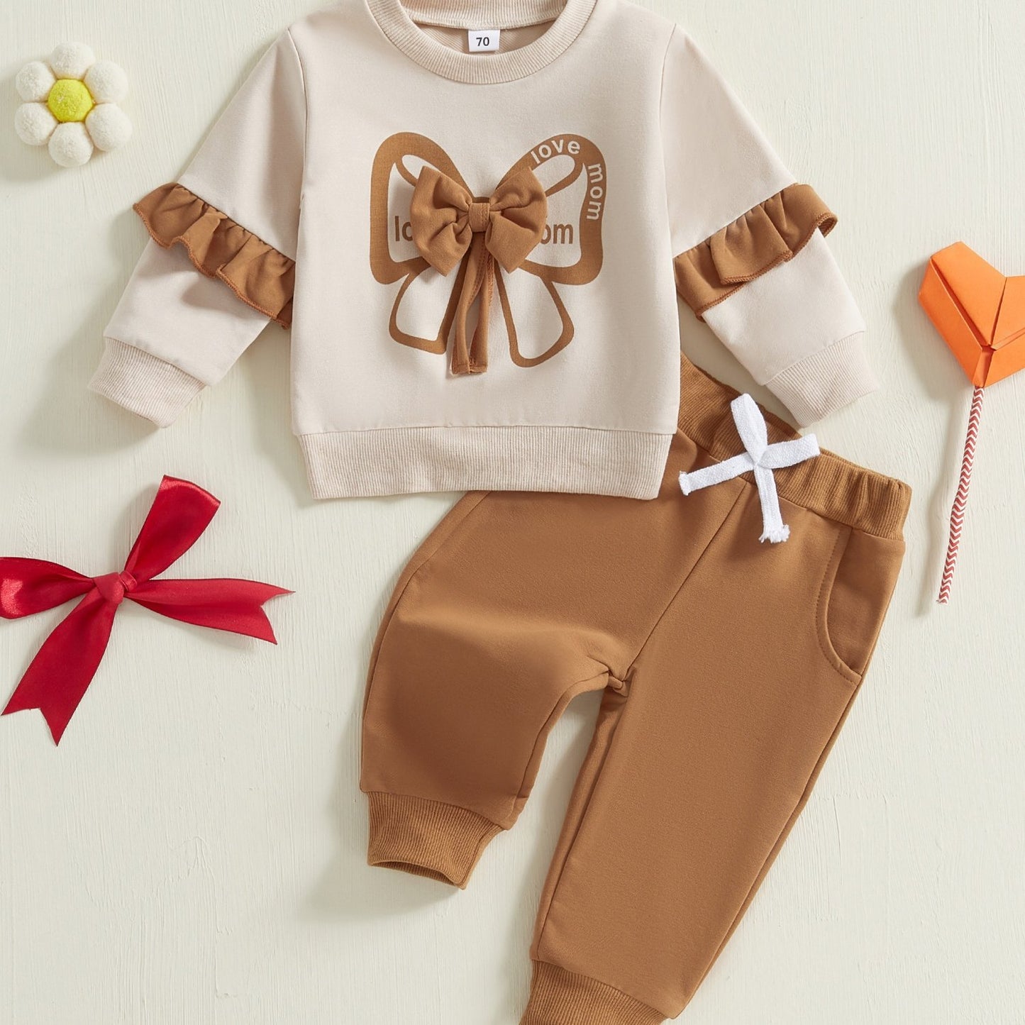 Girls Bow Sweatshirt and Sweatpants 2 Piece Outfit Set