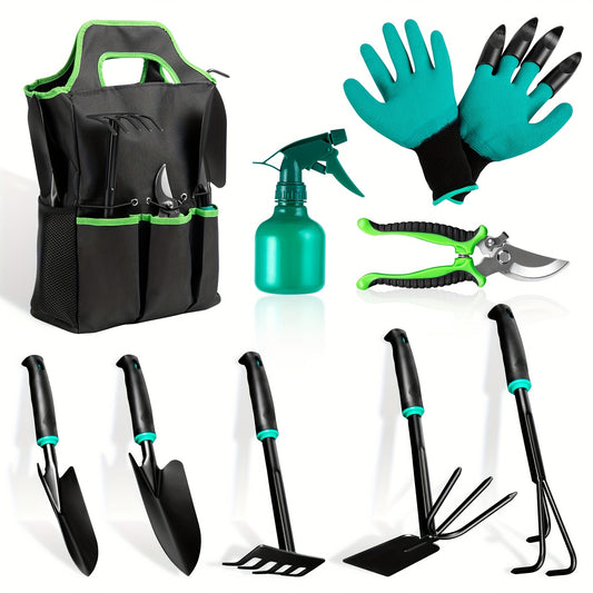 9 Piece Garden and Bonsai Care Tool Kit with Ergonomic Trowel 2 in 1 Hoe Rake Non Slip Shears Claw Gloves and Sprayer Bottle Durable Stainless Steel in Green and Black Perfect for Digging Weeding and Planting