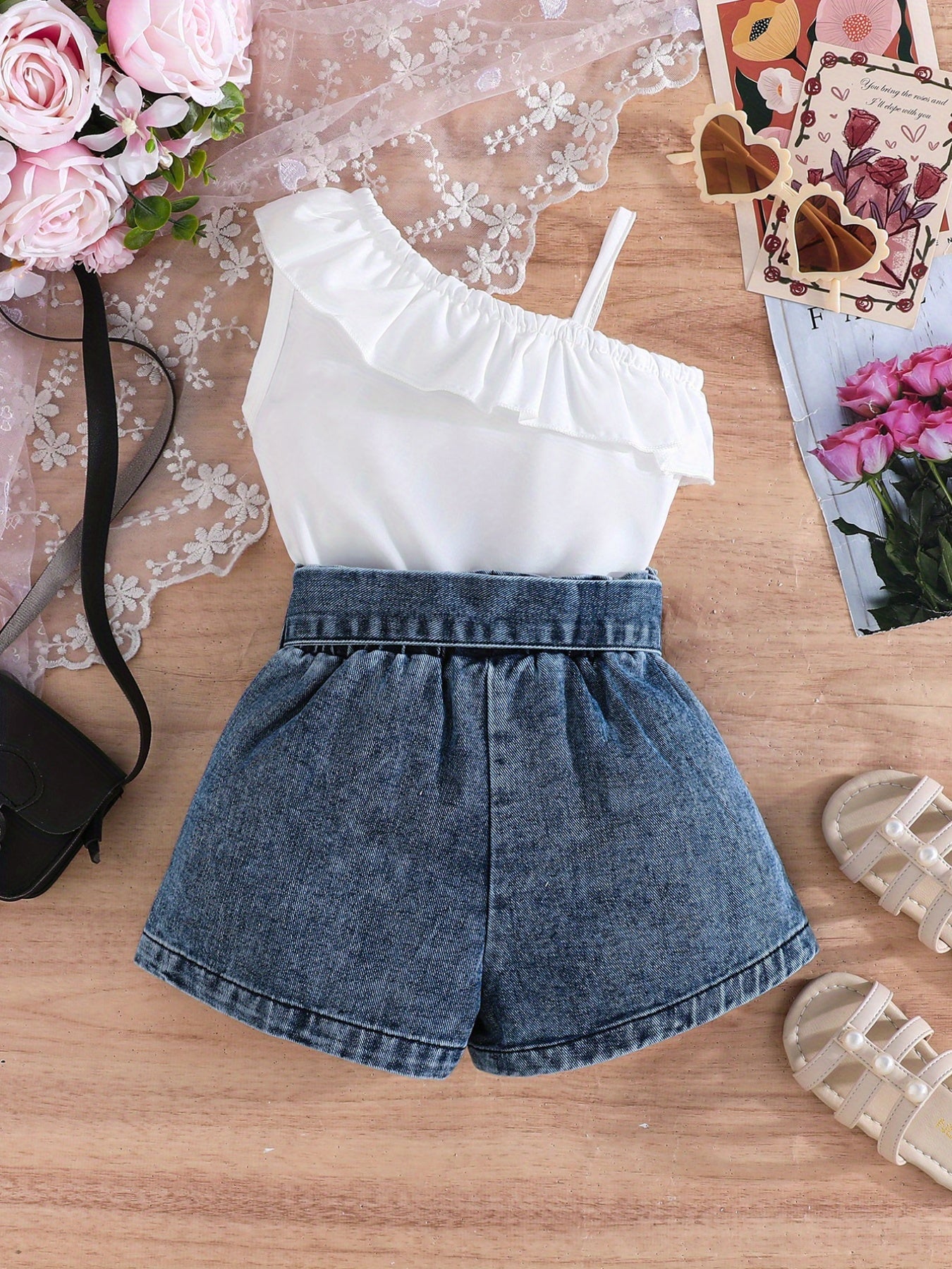 Summer Outfit for Girls Aged 3 to 7 Two-Piece Set with Asymmetrical Off-Shoulder Ruffle Top and Distressed Denim Shorts with Bow Details