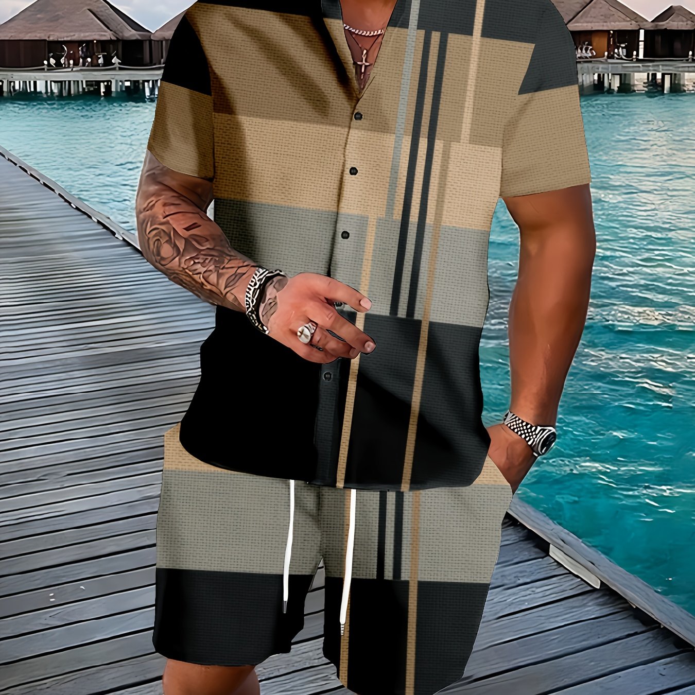 Men's Graphic Plaid Shirt Set for Casual Outdoor Style