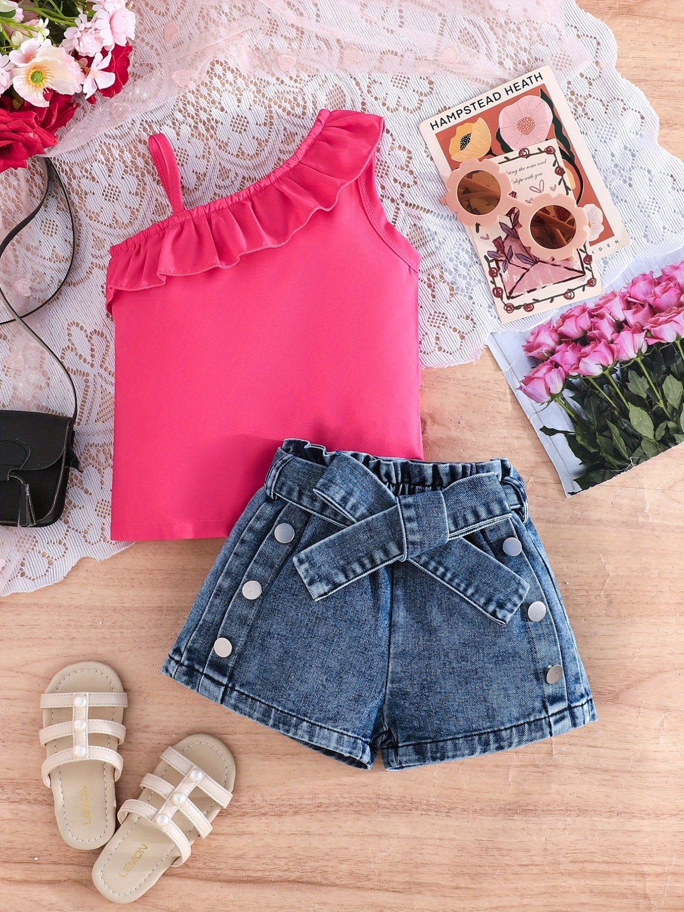 Summer Outfit for Girls Aged 3 to 7 Two-Piece Set with Asymmetrical Off-Shoulder Ruffle Top and Distressed Denim Shorts with Bow Details