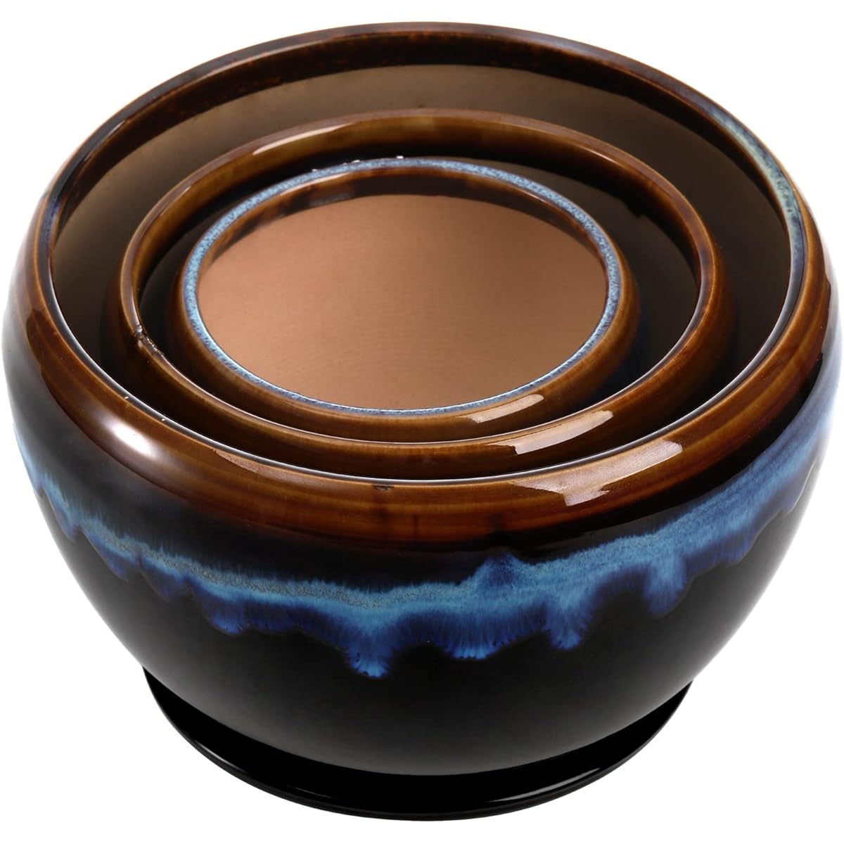 3 Pack Rustic Ceramic Flower Pots with Drip Glaze Finish Round Irregular Planters with Drainage Holes and Saucers Rust Resistant Indoor Outdoor Pots for Succulents Herbs Cactus Orchids Home and Office Decor Extra Large
