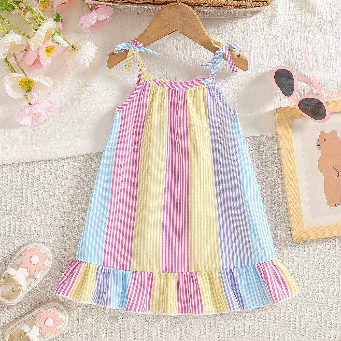 Adorable Rainbow Striped Sleeveless Dress for Girls with Ruffled Hem and Colorful Tie Shoulder Straps Perfect for Spring Summer Toddler Wear