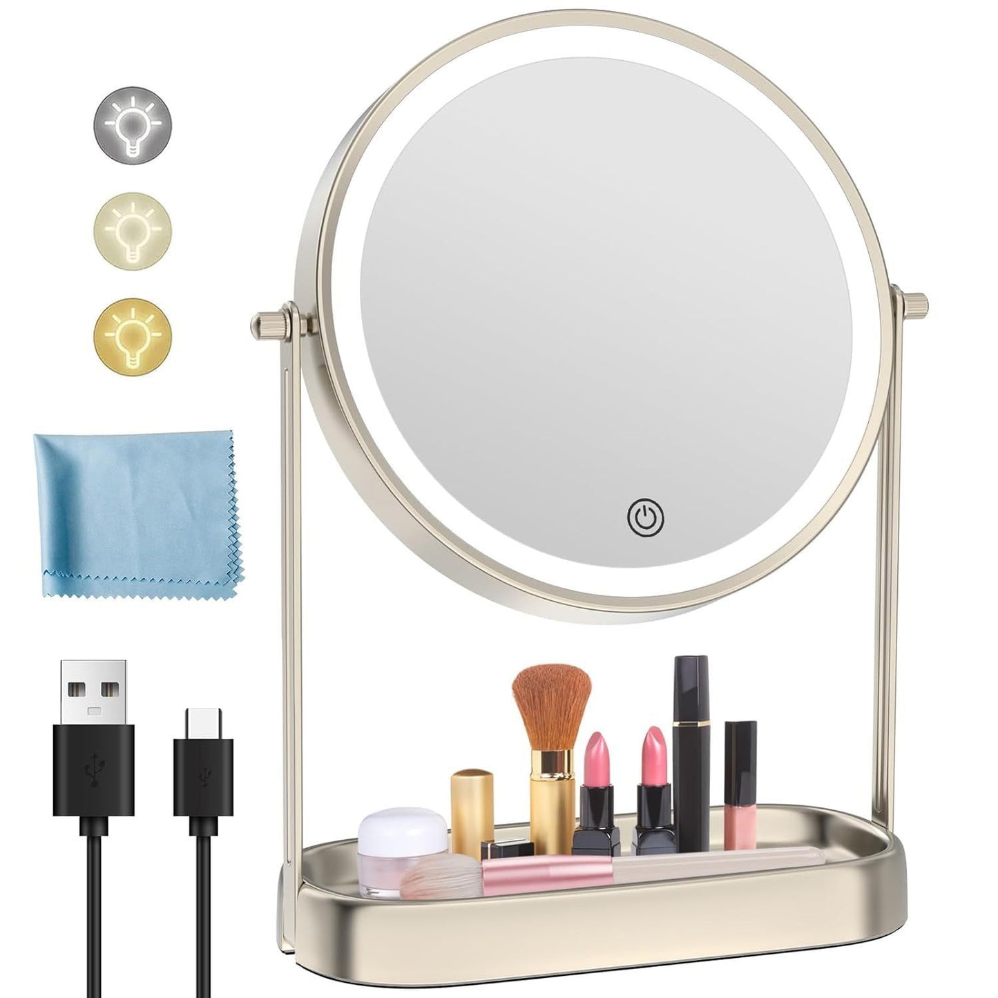Lighted Rechargeable Makeup Mirror with Adjustable Brightness and Storage