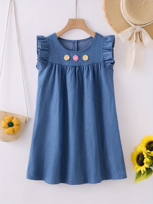 Girls Cotton Embroidered Denim Dress Frill Sleeve Loose Casual Fashion Dress