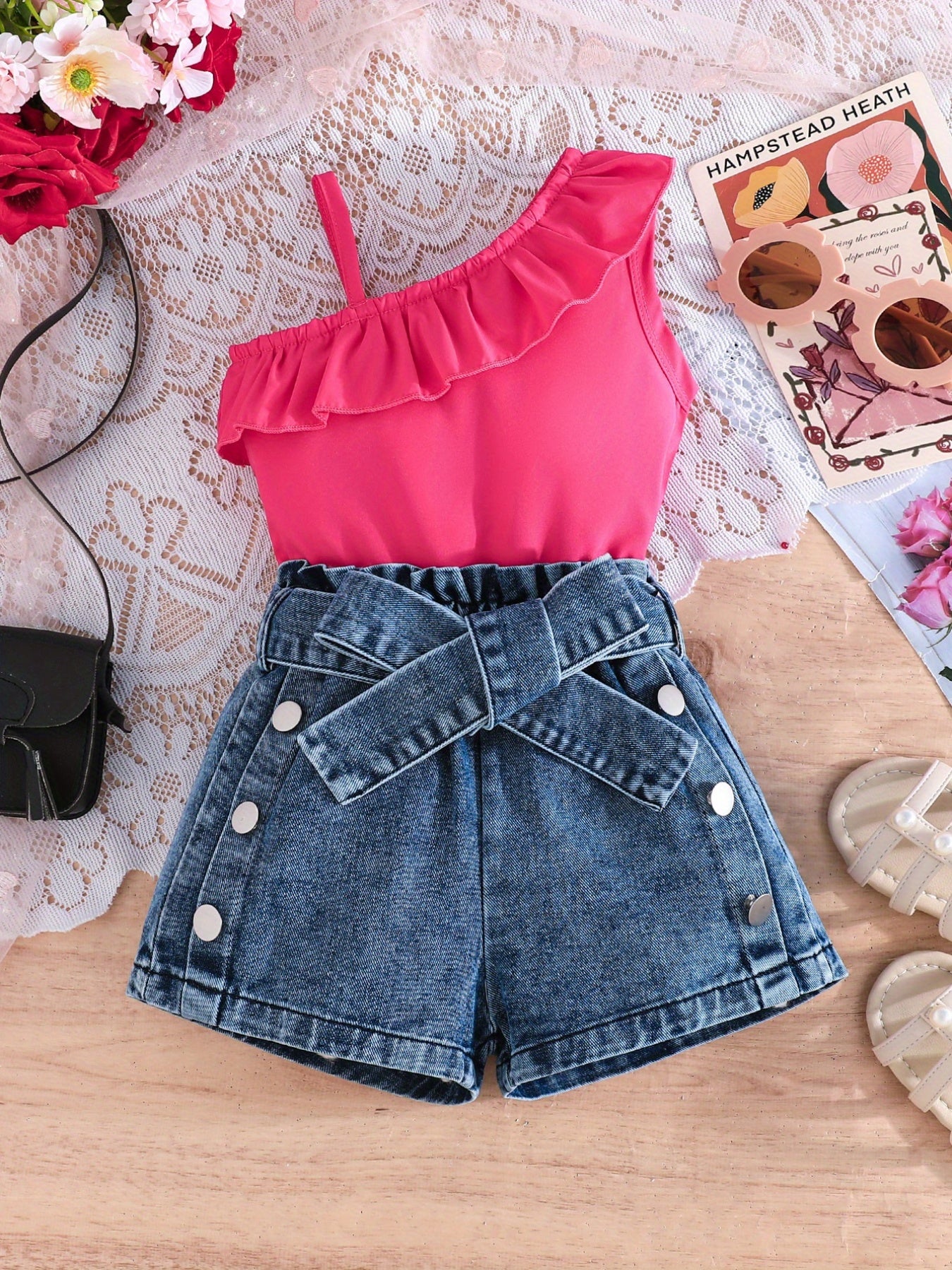 Summer Outfit for Girls Aged 3 to 7 Two-Piece Set with Asymmetrical Off-Shoulder Ruffle Top and Distressed Denim Shorts with Bow Details