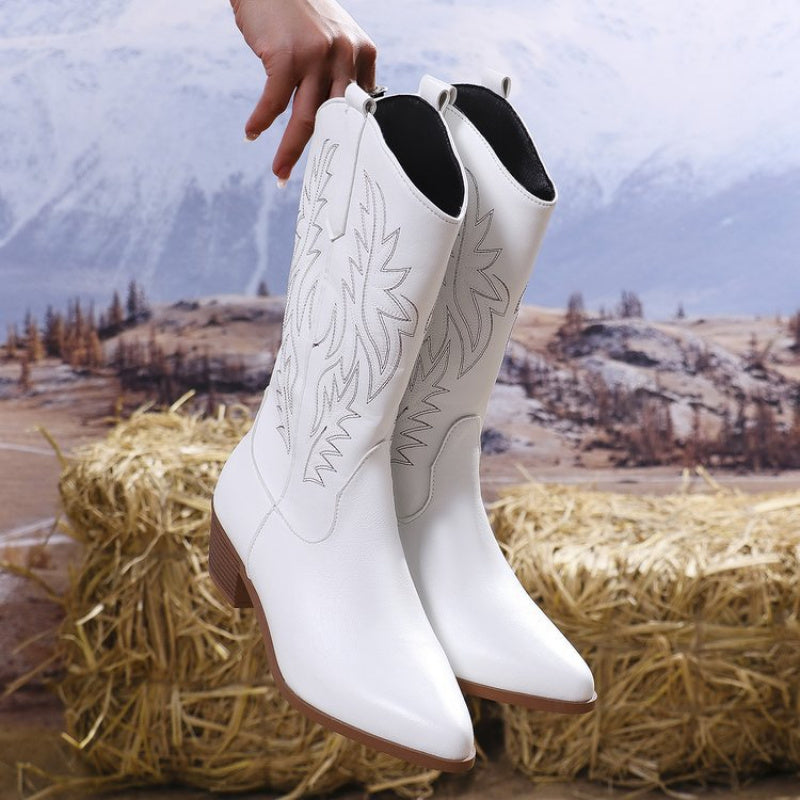 Embroidered Round Toe Boots With Thick Block Heel Design