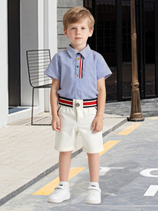 Boys Summer New European American Style Korean Short Sleeved Shirt Elastic Shorts Set Two Pieces