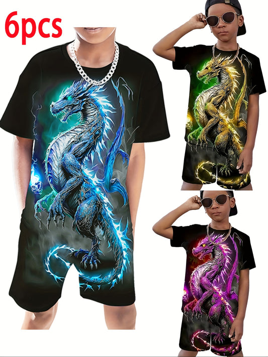 Three Sets Of Six Piece Short Sleeve Shirt And Shorts Sets For Boys Aged 4 To 14 Made Of High Quality Polyester Perfect For Outdoor Activities