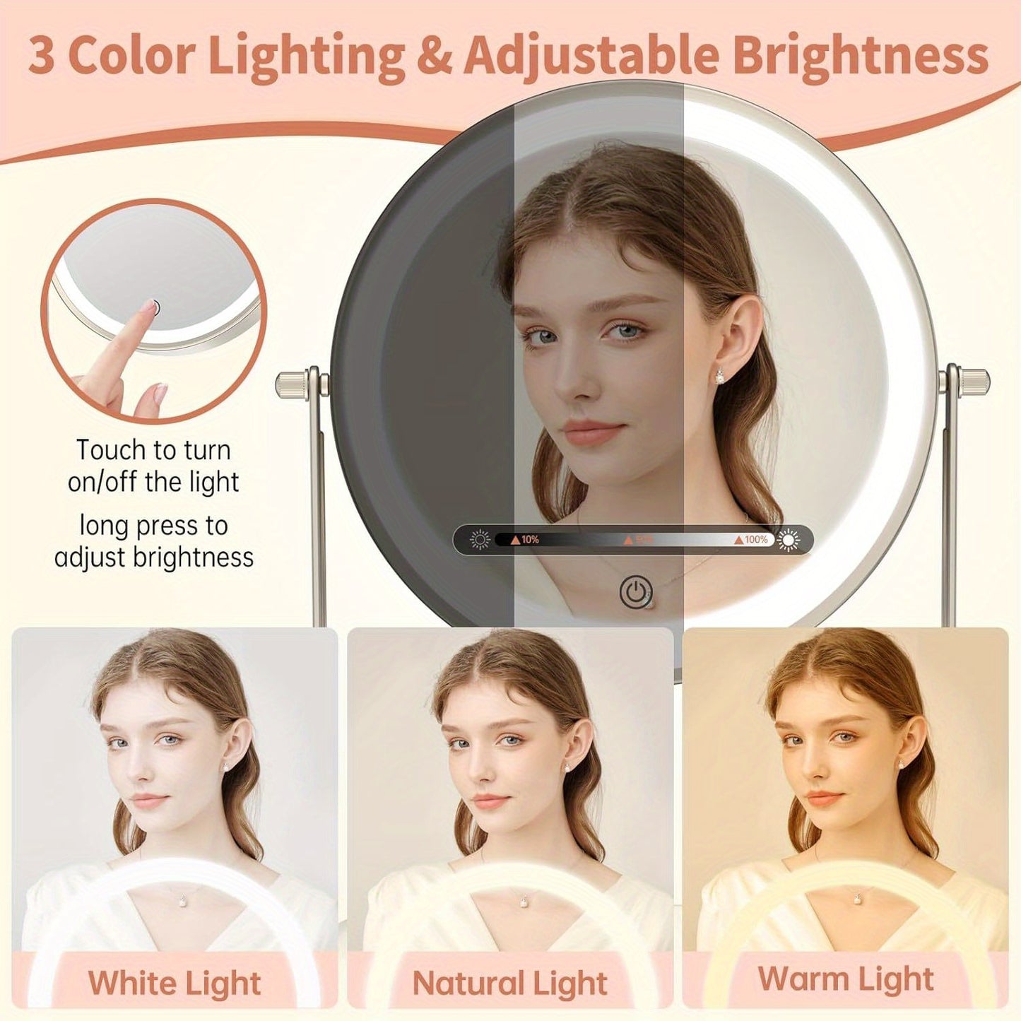 Lighted Rechargeable Makeup Mirror with Adjustable Brightness and Storage