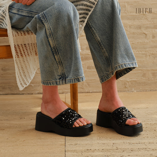 IN3 Platform Wedge Sandals for Women Sparkly Low Chunky Slides Summer Beach Cute Comfortable Slip On Wedges Square Open Toe Trendy Small Dressy Womens Sandals