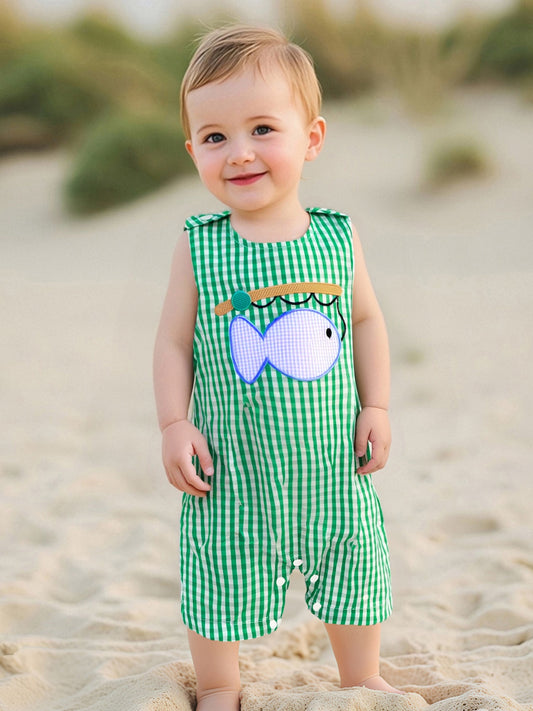 Baby Boys Summer Romper Embroidered Fish Plaid Sleeveless Jumpsuit Loose Fit Machine Washable Infant Overalls Newborn Breathable Casual Outfit Easy Diaper Change Soft Text